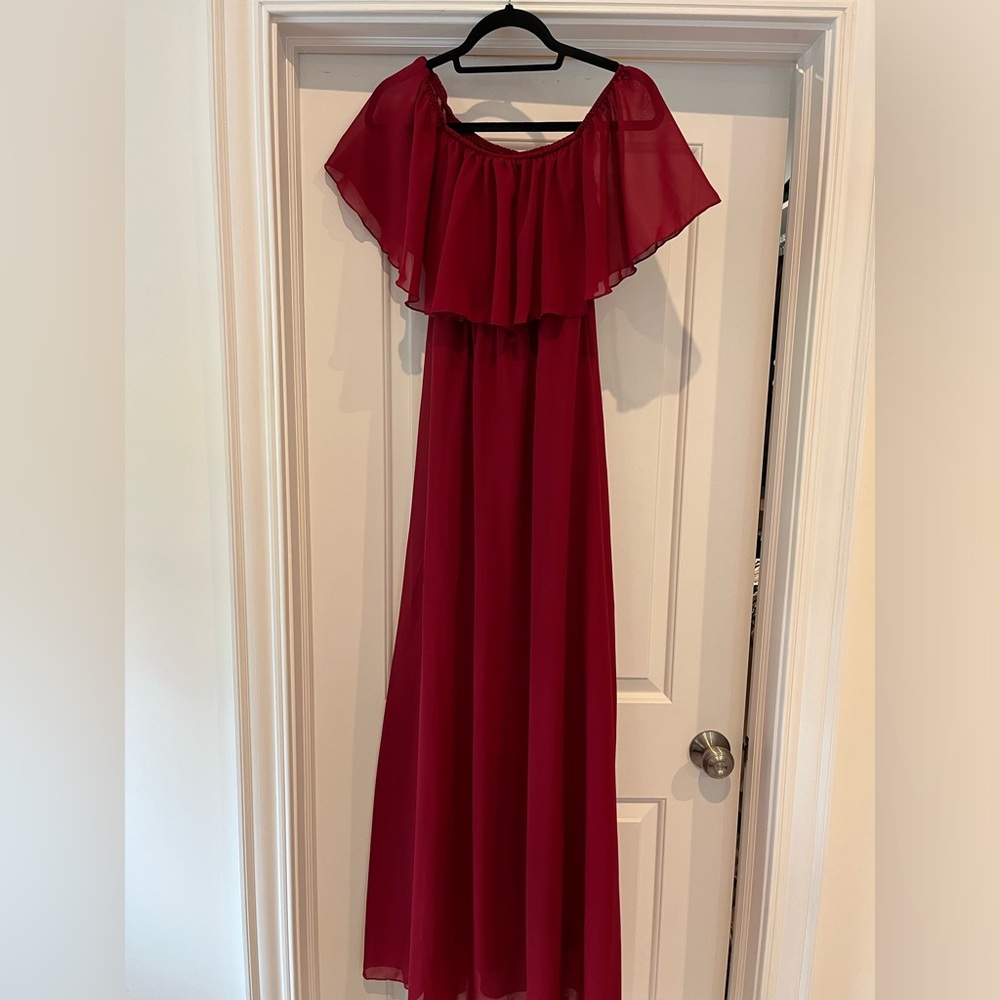 Maternity dress featuring flowy chiffon material; off shoulder ruffle trim — NWT